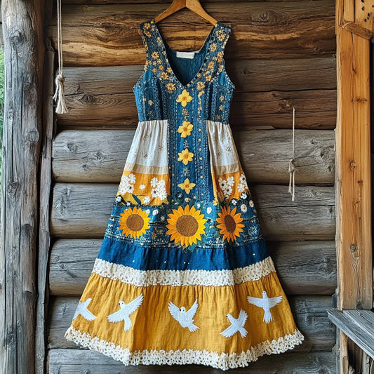 Women's Retro Dove Of Peace And Sunflower Design Tank Dress artswardrobe