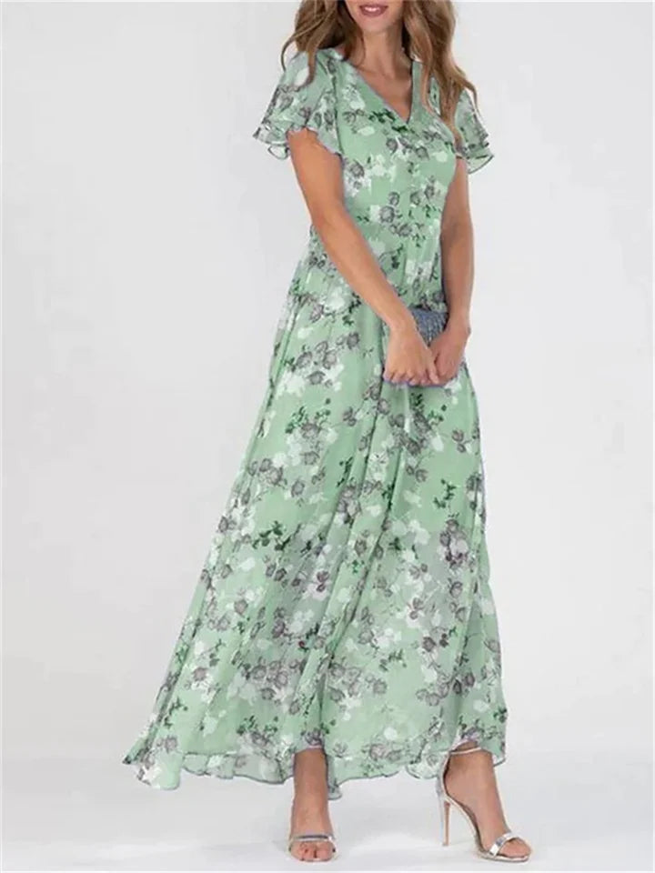 LM | Printed midi dresses with long sleeves and V-neckline