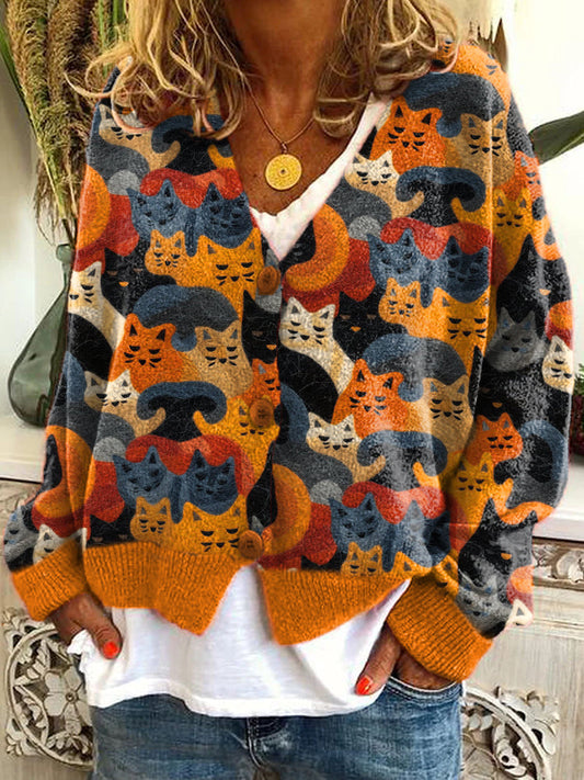 Comstylish Cute Cat Pattern Cozy Knit Cardigan