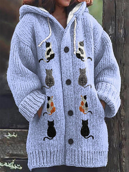 Women's Cat Casual Print Cozy Knit Cardigan elevenforest