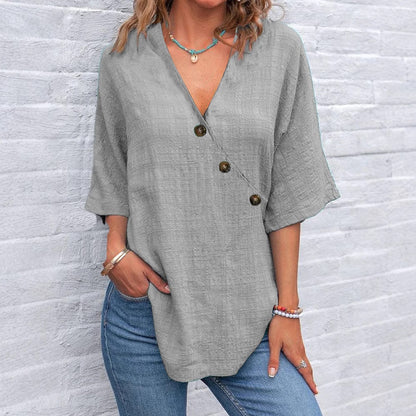 Women's Solid Color Button Linen V-neck T-shirt artswardrobe