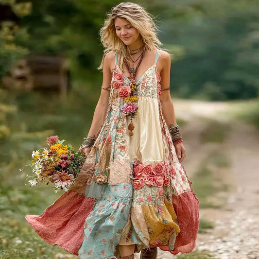 Women's Vintage Boho Floral Art Patchwork Comfy Midi Dress artswardrobe