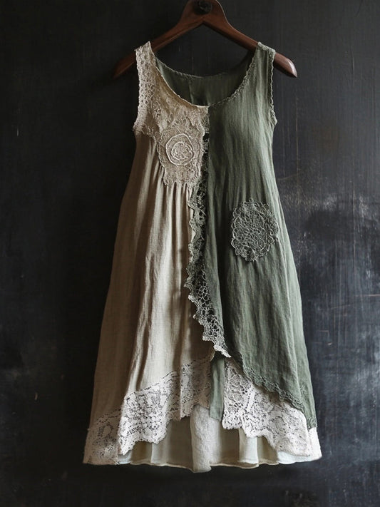 Vintage Lace Patchwork Comfy Linen Tank Dress artswardrobe