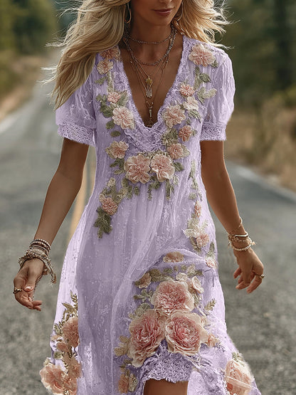 Women's Vintage Floral Embroidery V Neck Casual Midi Dress artswardrobe