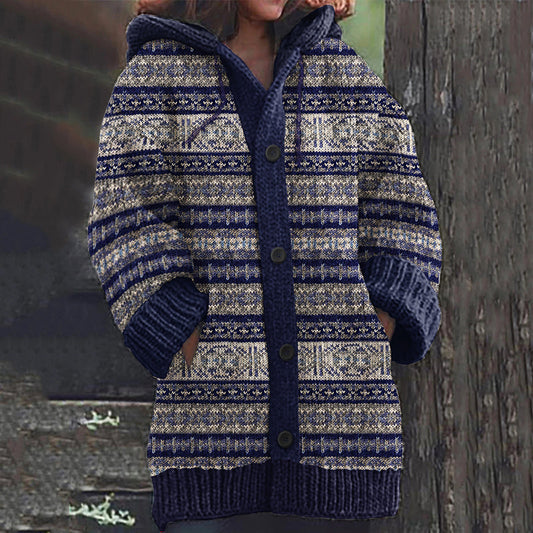 Vintage Fairman Island Geometric Print Hooded Sweater Cardigan elevenforest