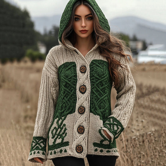 Women's Irish Celtic Jacquard Hooded Button Up Cardigan Sweater artswardrobe