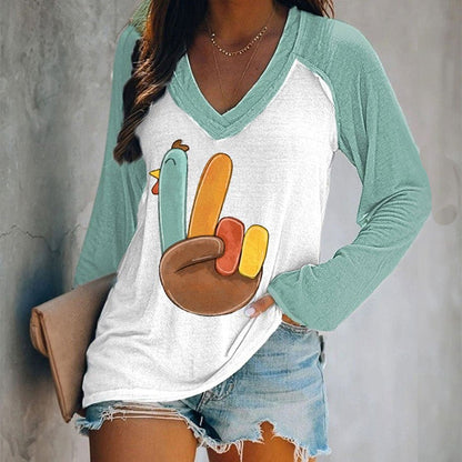 Women's Thanksgiving Peace Turkey Print V-Neck T-Shirt artswardrobe