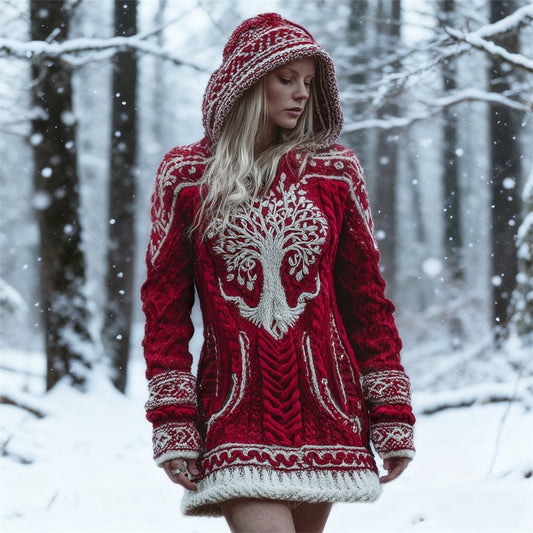 Christmas Viking Tree Of Life Women's Knit Hooded Mini Dress artswardrobe