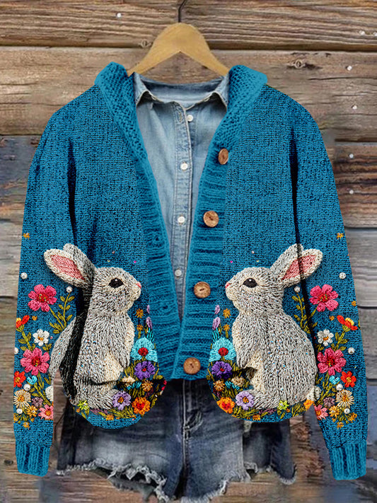 Bright Pastel Knitted Bunny Pattern Cozy Cardigan artswardrobe