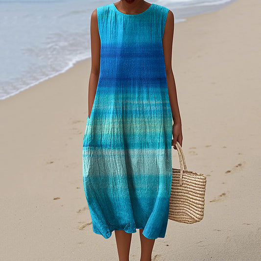 Women's Vintage Blue Gradient Art Print Casual Crew Neck Dress artswardrobe