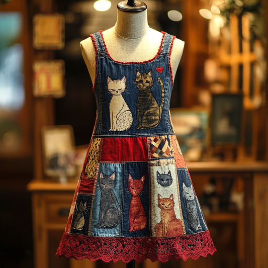 Women's Retro Pop Cat Lace Sling Dress elevenforest