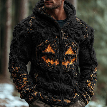 Halloween Pumpkin Emoji Men's Chunky Knit Full Zip Hooded Sweater elevenforest