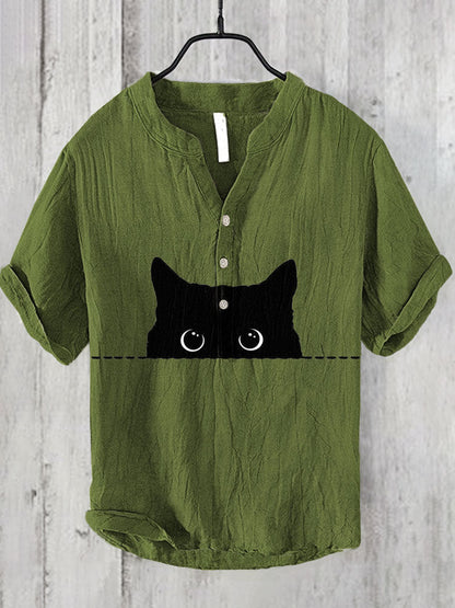 Japanese Art Black Cat Print Cotton Blend Shirt elevenforest