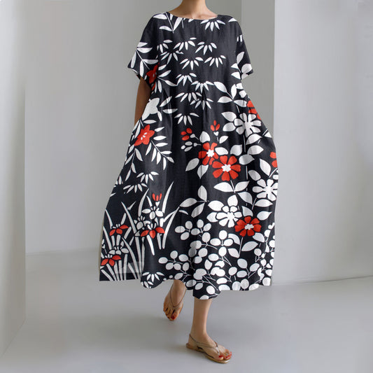 Comstylish Japanese Art Flower Print Short Sleeve Loose Midi Dress
