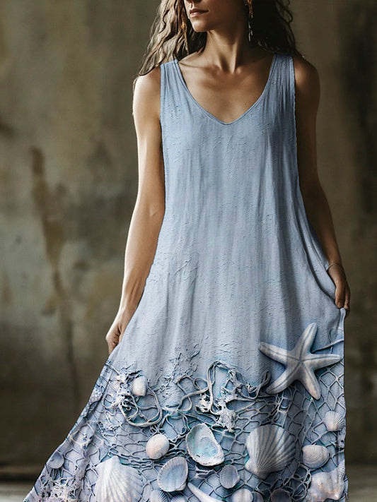 Boho Marine Embossed Art Women's V-neck Vest Dress artswardrobe