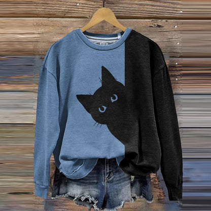 Women's Peek-A-Boo Hiding Black Cat Printed Sweatshirt elevenforest