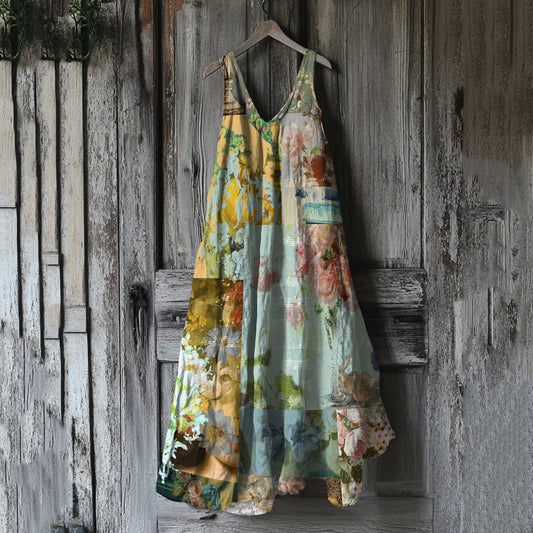 Vintage Floral Art Linen Blend Tank Midi Dress artswardrobe