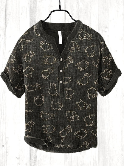 Vintage Japanese Cats Printed Casual Cozy Cotton Linen Shirt elevenforest