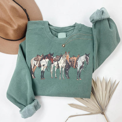 Comstylish Vintage Western Horse Art Print Casual Sweatshirt