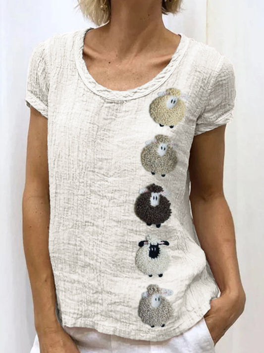Colorful Sheep Embroidered Linen Shirt artswardrobe