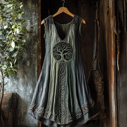 Tribal Viking Colorful Gradient Tree Of Life Lace Art Linen Tank Dress artswardrobe