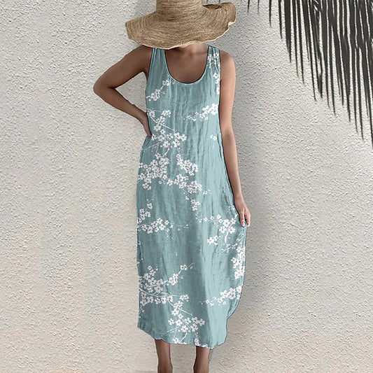 Comstylish Cherry Blossom Japanese Print Sleeveless Linen Blend Midi Dress