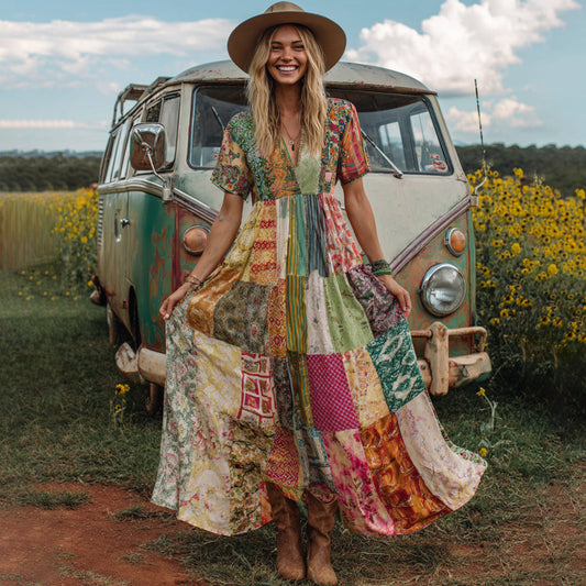 Countryside Style Collection Classy Patchwork Floral Pattern Art Linen Maxi Dress artswardrobe
