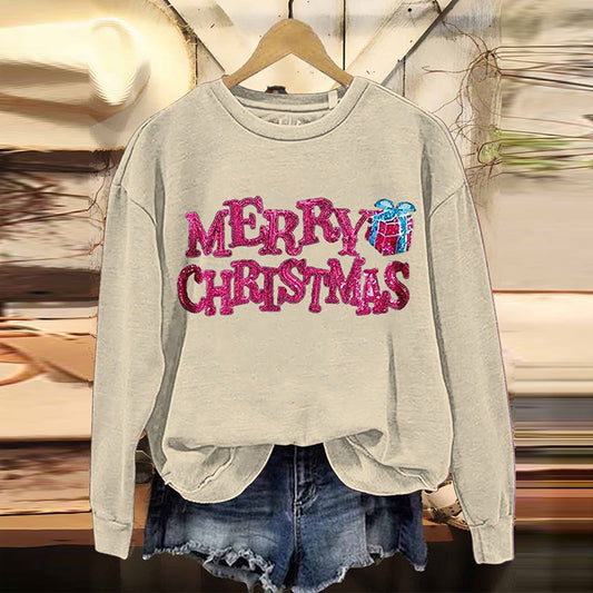 Comstylish Merry Christmas Embroidered Crew Neck Sweatshirt