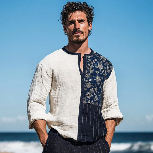 Men's Vintage Sashiko Patchwork Japanese Art Linen V-neck Shirt artswardrobe