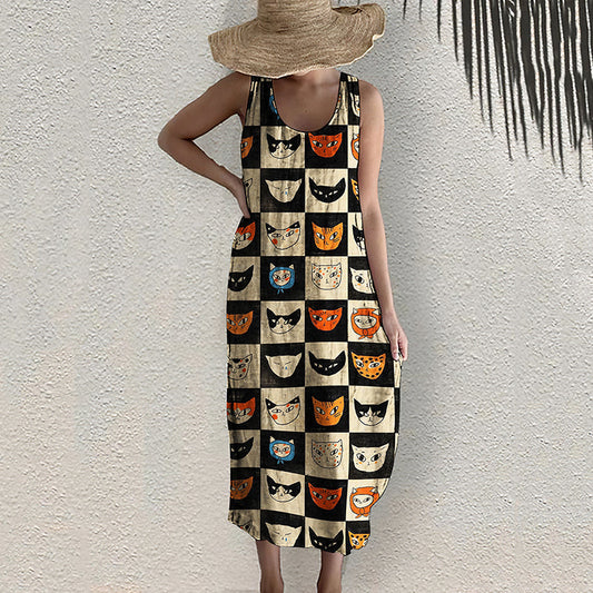 Comstylish Vintage Abstract Geometric Cat Print Linen Blend Dress