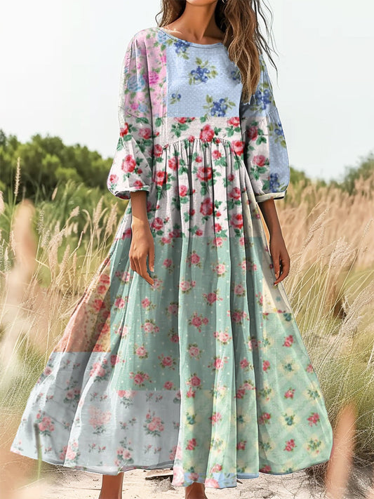 Women's Vintage Floral Patchwork Art Print Flowy Cotton Crew Neck Dres