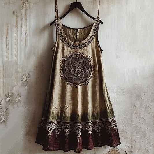 Vintage Viking Totem Color Block Linen Tank Dress artswardrobe