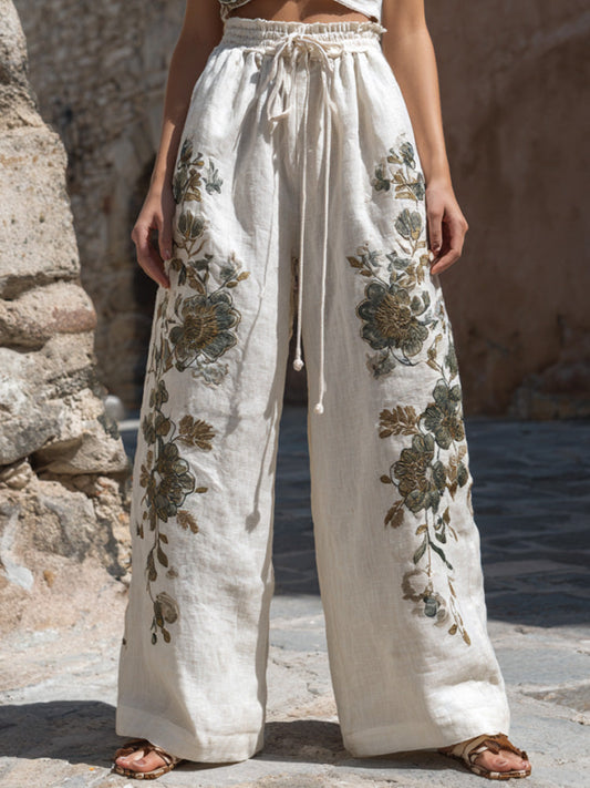 Women's Vintage Embroidery Art Comfy Linen Pants artswardrobe
