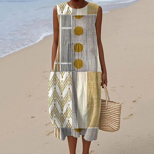 Vintage Loose Abstract Geometry Art Sleeveless Cotton And Linen Tank Dress artswardrobe