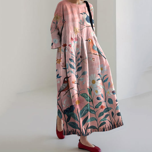 Comstylish Japanese Flower And Bird Art Print Loose Midi Dress
