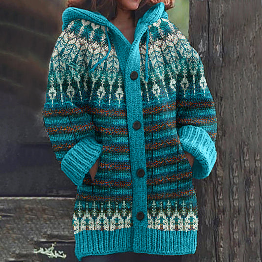 Vintage Fairman Island Geometric Print Hooded Sweater Cardigan elevenforest