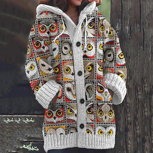 Block Owl Print Women's Cardigan Sweater artswardrobe