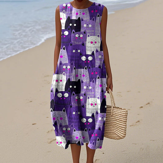 Women's Colorful Cat Art Print Dress artswardrobe