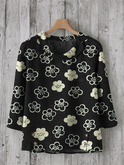 Comstylish Cherry Blossom Japanese Lino Pattern Linen Blend Tunic