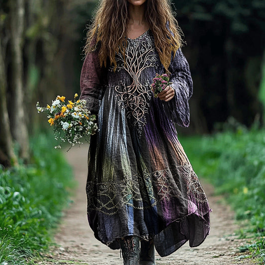 Women's Vintage Tree Of Life Gradient Art Linen Dress artswardrobe