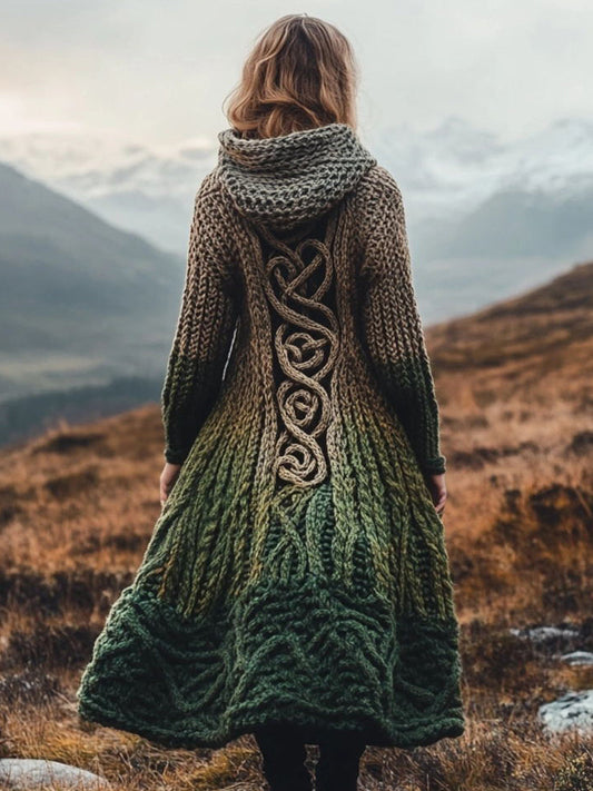 Women's Vintage Contrast Color Celtic Knot Chunky Knit Hooded Cardigan artswardrobe