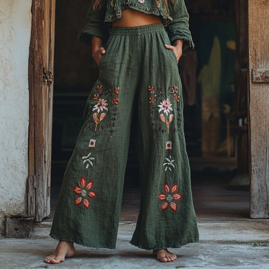 Women's Retro Linen Boho Floral Art Long Loose Wide-leg Trouser Pants artswardrobe