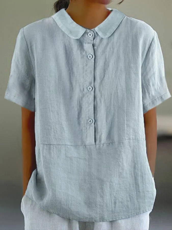 LM | Santorini - Women's plain-colored casual shirt with a round neckline and buttons.