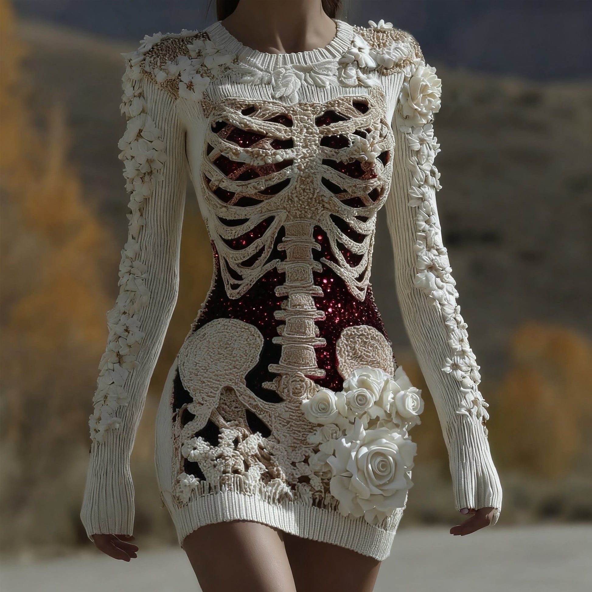 Comstylish Women's Halloween Skull Anatomy Rose Sequin Art Round Neck Knit Dress