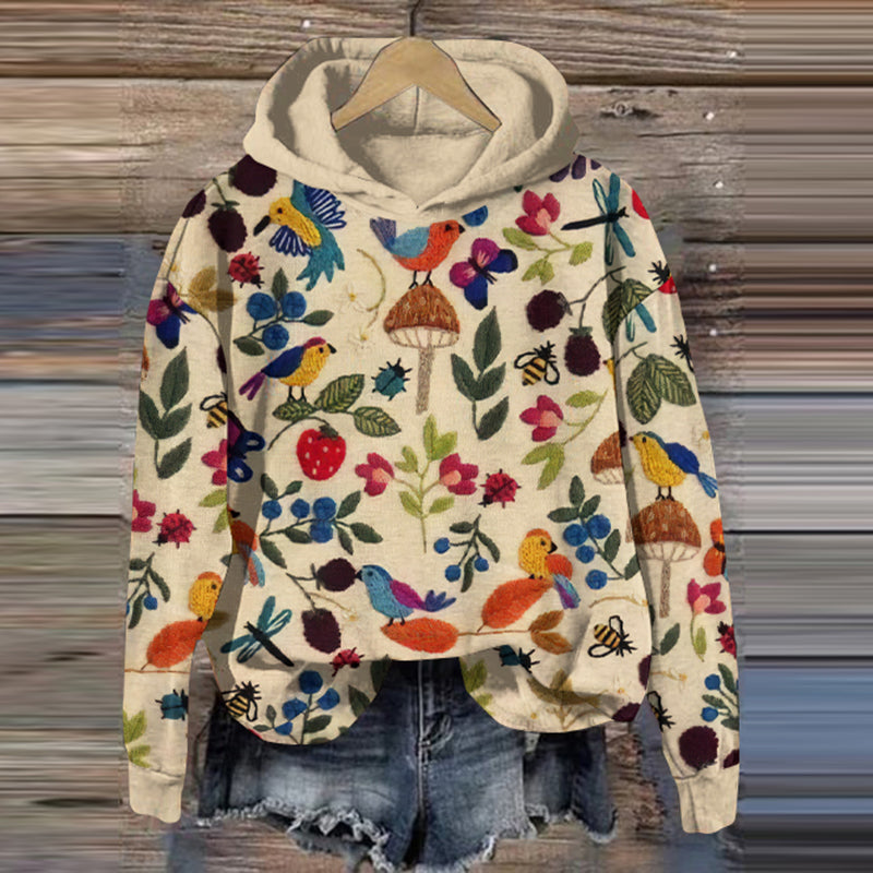 Comstylish Floral Insect Birds Plant Embroidery Pattern Print Sweatshirt