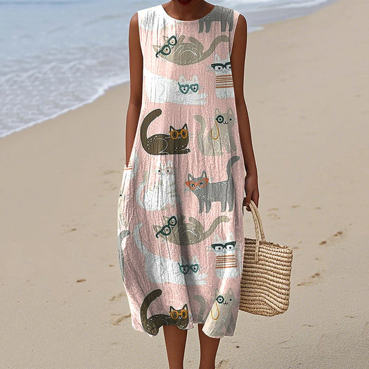 Women's Vintage Cute Cat Art Linen Tank Midi Dress artswardrobe