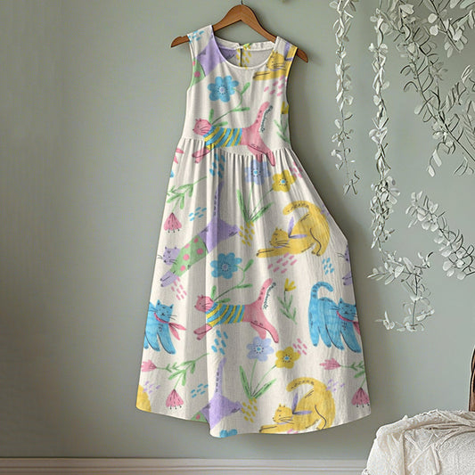Vintage Cute Cat Floral Art Linen Tank Midi Dress elevenforest