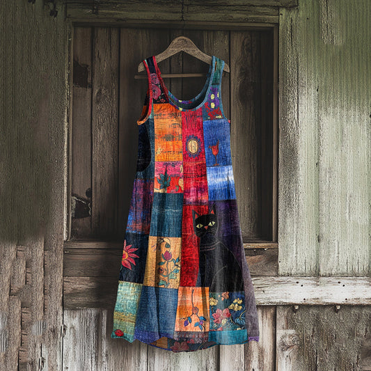 Vintage Black Cat Floral Patchwork Art Linen Blend Tank Dress artswardrobe
