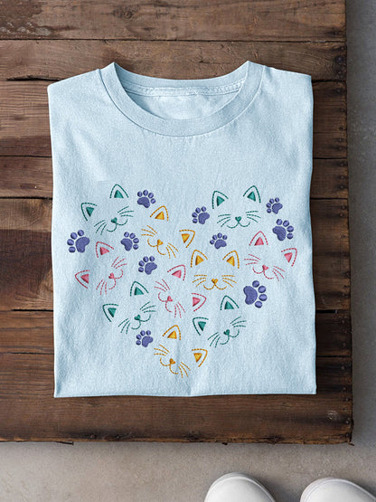 Comstylish Cute Cat Embroidery Pattern Casual Cotton Short Sleeve T-Shirt