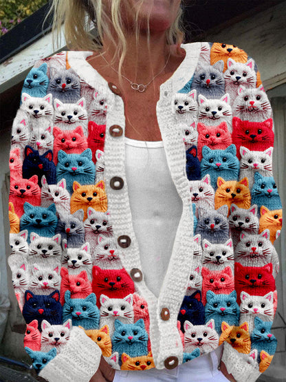 Comstylish Colorful Cute Cats Embroidered Cozy Knit Cardigan